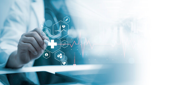 Doctor using digital medical icons and health monitoring graphics highlights advanced healthcare technology, smart diagnostics and real time patient insights in a modern clinical environment