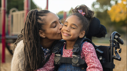 Happy candid mixed race mother and disabled child in a wheelchair spending time together in a park playground. Supportive inclusive family with handicapped children. Inclusion & diversity
