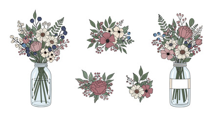 Set of beautiful hand-drawn floral bouquets in mason jars and individual flower arrangements on a white background.