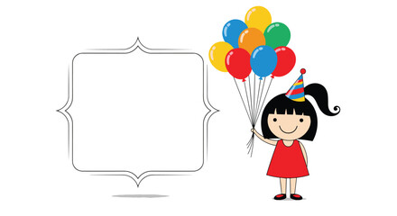 Cute cartoon girl with a party hat holding colorful balloons next to a decorative blank frame on a white background.