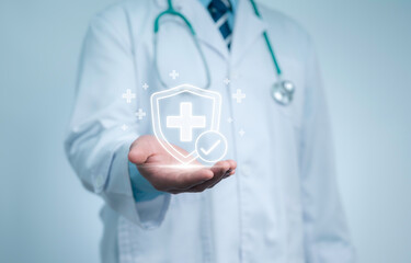 Doctor presenting digital health protection shield symbolizes medical safety, reliable healthcare support and advanced protection solutions designed to enhance patient trust in modern clinical service