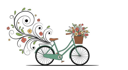 Vintage bicycle with a basket of flowers and an elegant floral swirl design against a clean white background.