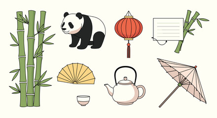 Collection of traditional Chinese cultural elements including bamboo pandas lanterns fans and a teapot with a cup.