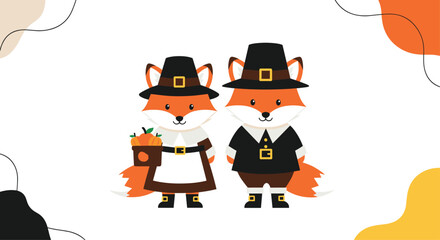 Cute cartoon pilgrim foxes in traditional attire celebrating Thanksgiving surrounded by abstract orange and black shapes.