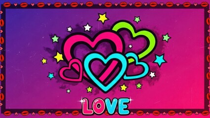 Vibrant abstract hearts with stars and the word love isolated on white background