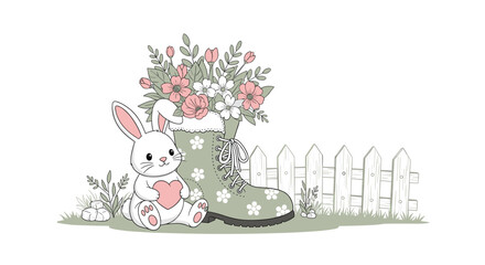 Adorable white bunny holding a heart sitting next to a green rain boot filled with flowers and a white picket fence.