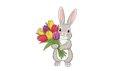 Cute grey bunny holding a vibrant bouquet of colorful tulips on a clean white background perfect for spring and easter.
