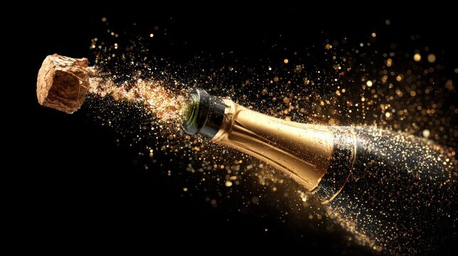 Dynamic shot of champagne cork popping with golden sparkle
