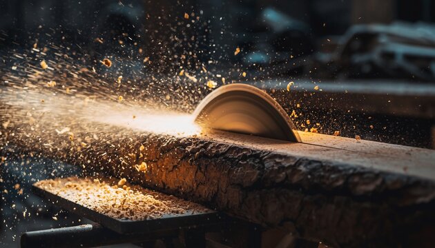 Circular saw cutting through a wooden plank with bright sparks and sawdust flying in a dark workshop, concept for woodworking, construction, and craftsmanship.