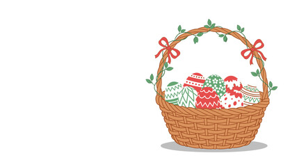 Traditional wicker easter basket filled with decorated easter eggs and green vines with red bows on a white background.