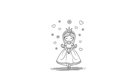 Charming line art illustration of a cute princess with a crown and flowing dress surrounded by hearts and flowers.
