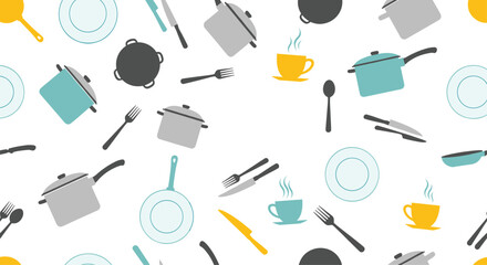 Vibrant seamless pattern background featuring various kitchen utensils cookware and coffee cups in a flat design style.