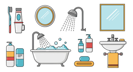 Comprehensive set of flat design bathroom and hygiene items including a shower bathtub mirror and sink for home concepts.