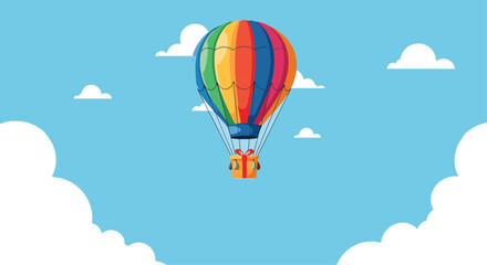 Colorful hot air balloon carrying a small gift box floating across a blue sky with fluffy white clouds and open space.