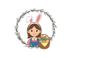 Cute cartoon girl with bunny ears holding an Easter basket filled with tulips inside a willow branch wreath on white.