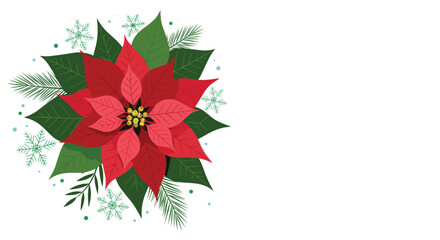 Beautiful red poinsettia flower surrounded by green leaves pine needles and delicate snowflakes perfect for Christmas.