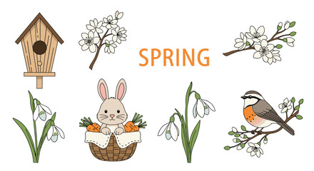 Collection of adorable spring themed illustrations including a birdhouse bunny snowdrops flowers and a bird on a branch.