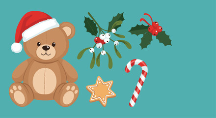 Adorable teddy bear wearing a santa hat surrounded by Christmas decorations like holly mistletoe candy cane and gingerbread star.