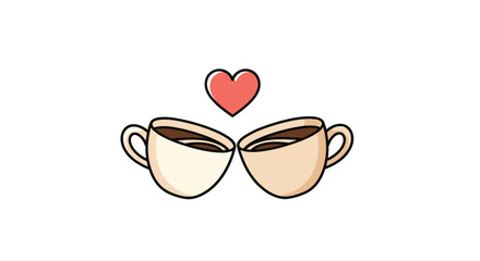 Two cartoon coffee cups toasting with a red heart above them symbolizing love and warmth on a white background.