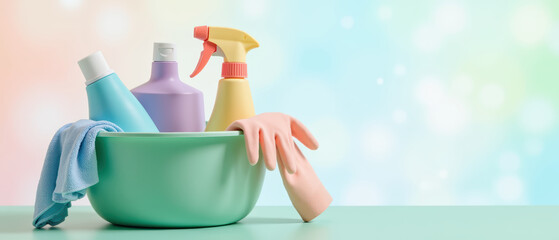 Cleaning supplies in bowl with colorful bottles, gloves, and cloth create vibrant and organized scene