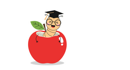 Cute cartoon bookworm with a graduation cap and glasses popping out of a red apple on a white background.