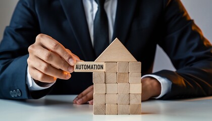 Professional hand placing 'AUTOMATION' block on a wooden house structure, concept for business efficiency, smart home technology and digital transformation.