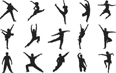 Dynamic dancer silhouettes performing expressive jumps, poses, and contemporary dance movements, showcasing artistic motion, balance, rhythm, flexibility, and creative choreography.