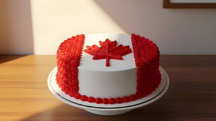 Canadian flag cake decorated with red icing on wooden table  