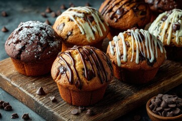 Chocolate chip muffins are displayed on a wooden board, some with icing. Perfect for blogs or ads featuring desserts and baked goods.