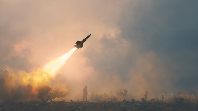 Missile being launched in a battlefield, while infantry soldiers continue their offensive