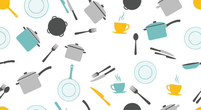 Vibrant seamless pattern background featuring various kitchen utensils cookware and coffee cups in a flat design style.