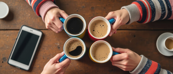 Friends enjoying coffee together, holding colorful mugs on wooden table, with smartphone nearby. warm and inviting atmosphere