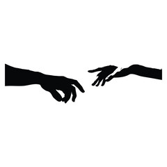 Black and white vector illustration of two human hands reaching out to each other in classic vintage style