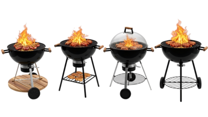 Four charcoal grills with flames and cooking meat isolated on transparent background