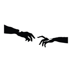 Black and white vector illustration of two human hands reaching out to each other in classic vintage style