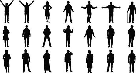 Human silhouette collection, diverse poses, standing figures, gesture variety, black shapes, posture study, demographic illustration, character modeling