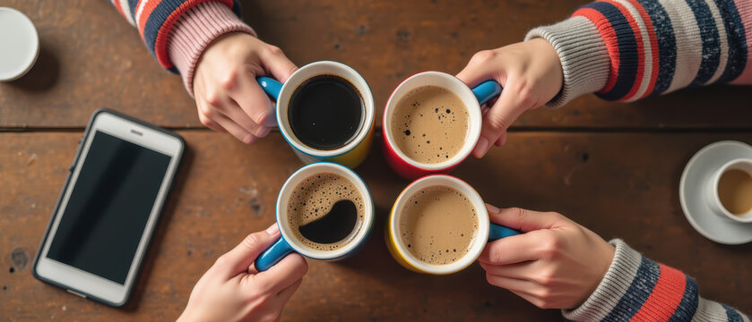Friends enjoying coffee together, holding colorful mugs on wooden table, with smartphone nearby. warm and inviting atmosphere - Powered by Adobe
