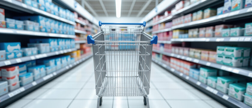 Shopping cart grocery store supermarket aisle consumer goods retail shopping product display empty cart shopping experience organized shelves