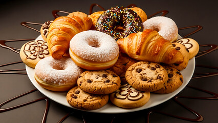 Assortment of delicious freshly baked croissants donuts and cookies on a white plate