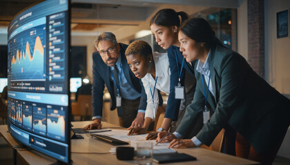 Business Team Analyzing Data on Monitor Finance Professionals Examining Charts, Graphs, and Statistics in Office Setting  Data Analysis, Strategy Planning