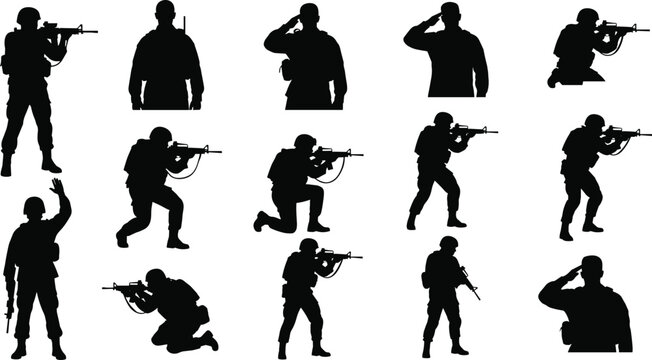 Military soldier silhouettes in various tactical poses, saluting, aiming weapons, patrolling, kneeling, standing, and performing combat training actions for security illustrations. - Powered by Adobe