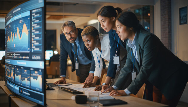 Business Team Analyzing Data on Monitor Finance Professionals Examining Charts, Graphs, and Statistics in Office Setting  Data Analysis, Strategy Planning - Powered by Adobe