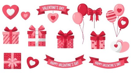 Collection of valentine s day elements including hearts gifts bows and balloons isolated on white background