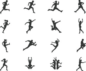 Silhouette collection of running and jumping athletes performing dynamic motion poses, sports activity movement set for fitness, training, exercise and animation design