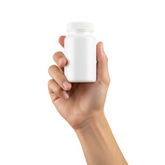 Hand holding a white medicine bottle isolated on transparent background