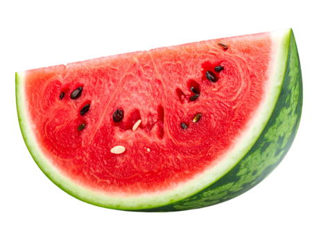 Fresh red juicy fruit wedge with seeds and green rind on black