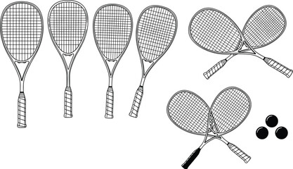 Squash rackets and balls outline vector collection, line art drawing of sport equipment for the indoor court game design illustration on white.