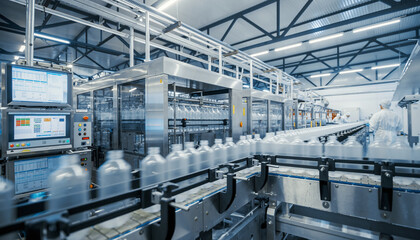 Fototapeta premium Automated Bottling Line Modern Factory Production of Plastic Bottles, Pharmaceutical Manufacturing and Industrial Processes for the Beverage Industry.