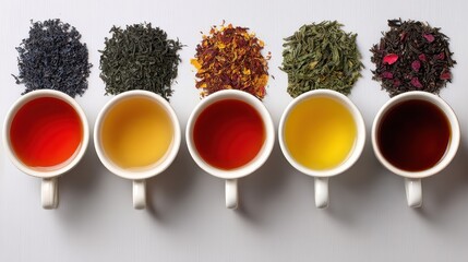 Five cups of various teas are arranged next to their corresponding dry leaves. Showcase different tea varieties, flavors, and brewing strengths.