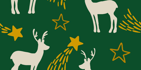 Festive Deer and Stars Holiday Pattern on Green